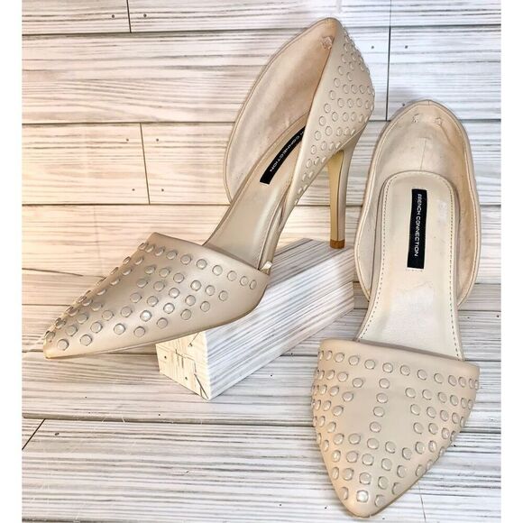 French Connection Forever Beige Studded Vegan Leather Heels S:8 - Picture 1 of 9